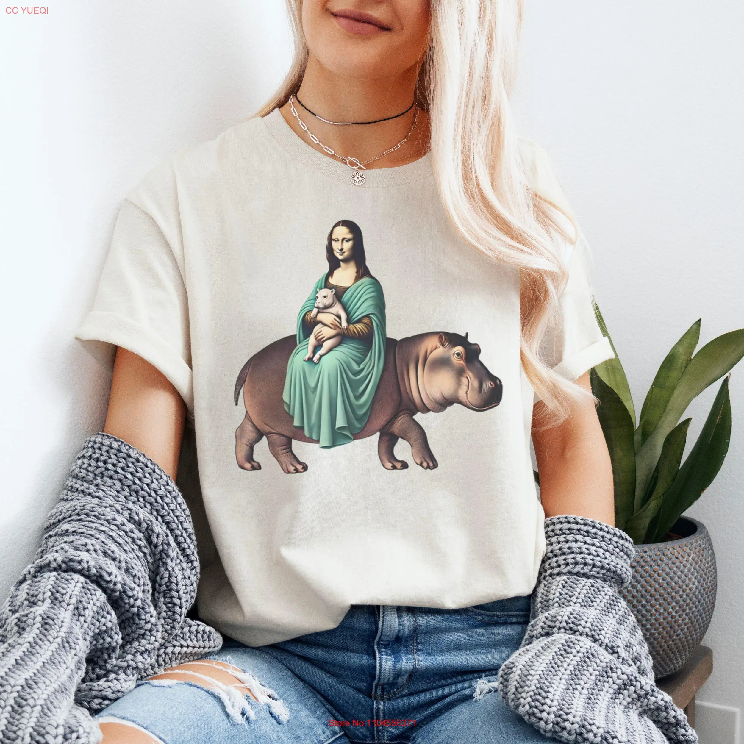 

Funny Moo Deng T Shirt Humorous Mona Lisa with Hippo Creative Baby for Art Lovers long or short sleeves
