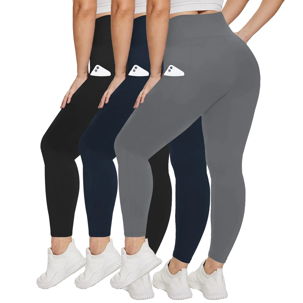 3 Pack Plus Size Leggings With Pockets For Women High Waisted Spandex Soft Workout Yoga Pants