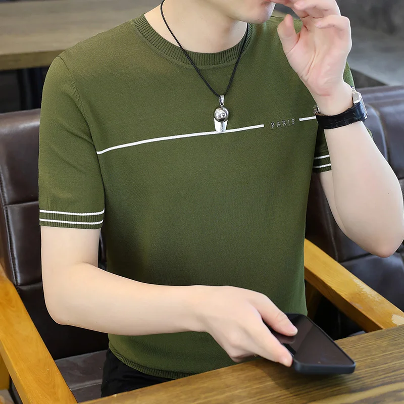 

Summer Ice Hemp Knitted ort Sve T-irt Slim Fit Thin Breathable Men's New High Quali Top Faion Urban Sle round Ne