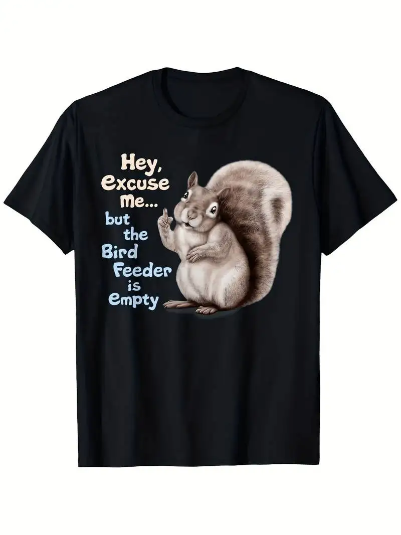 Plus Size Graphic T-Shirt Black Short Sleeve Tee With Realistic Eastern Gray Squirrel Illustration Bold Print Comfortable Fit