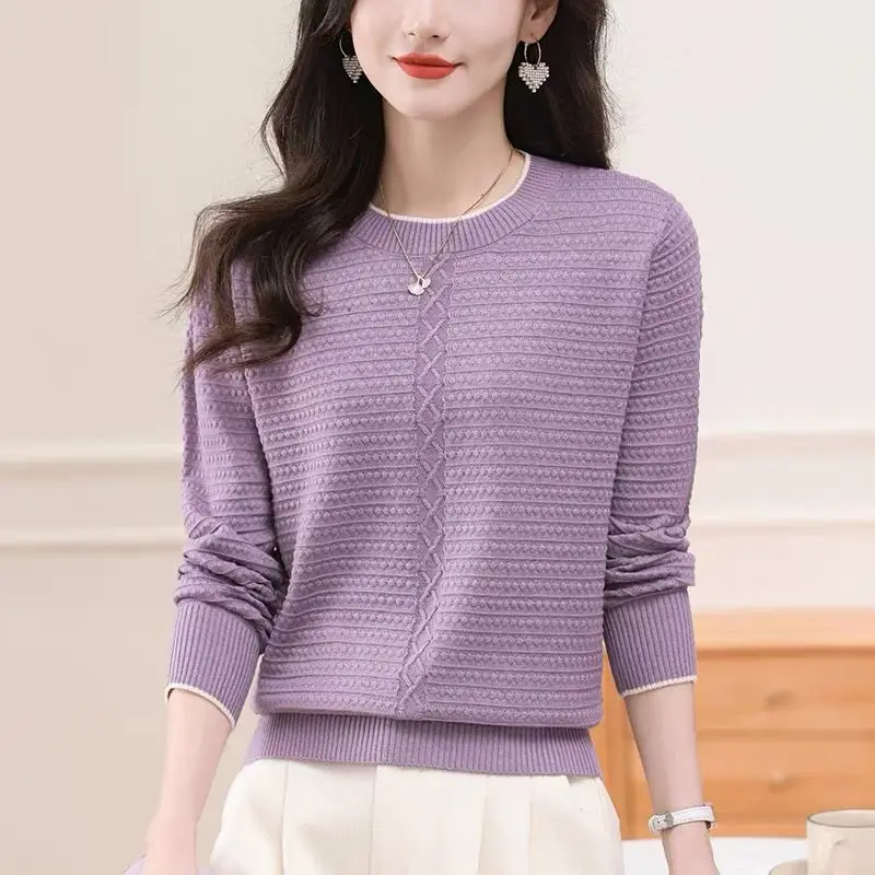 

Korean Style Womens Knit Sweater Loose Fit Long Sleeve Round Neck Basic Thin Pullover Spring Autumn Tops