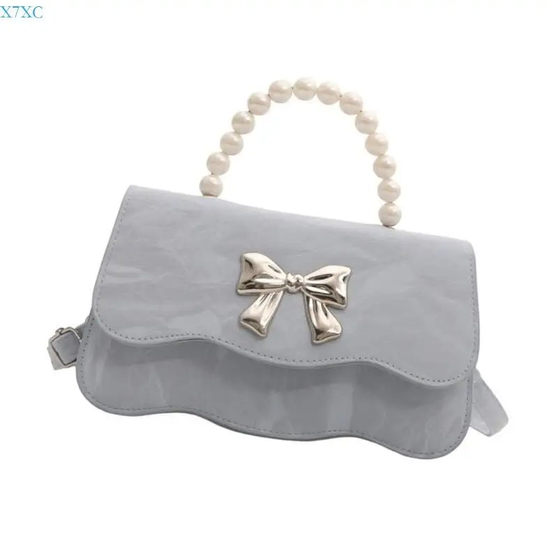 

X7XC PU Leather Bowknot Handbag Pearls Beaded Handle Crossbody Bag Small Shoulder Bag