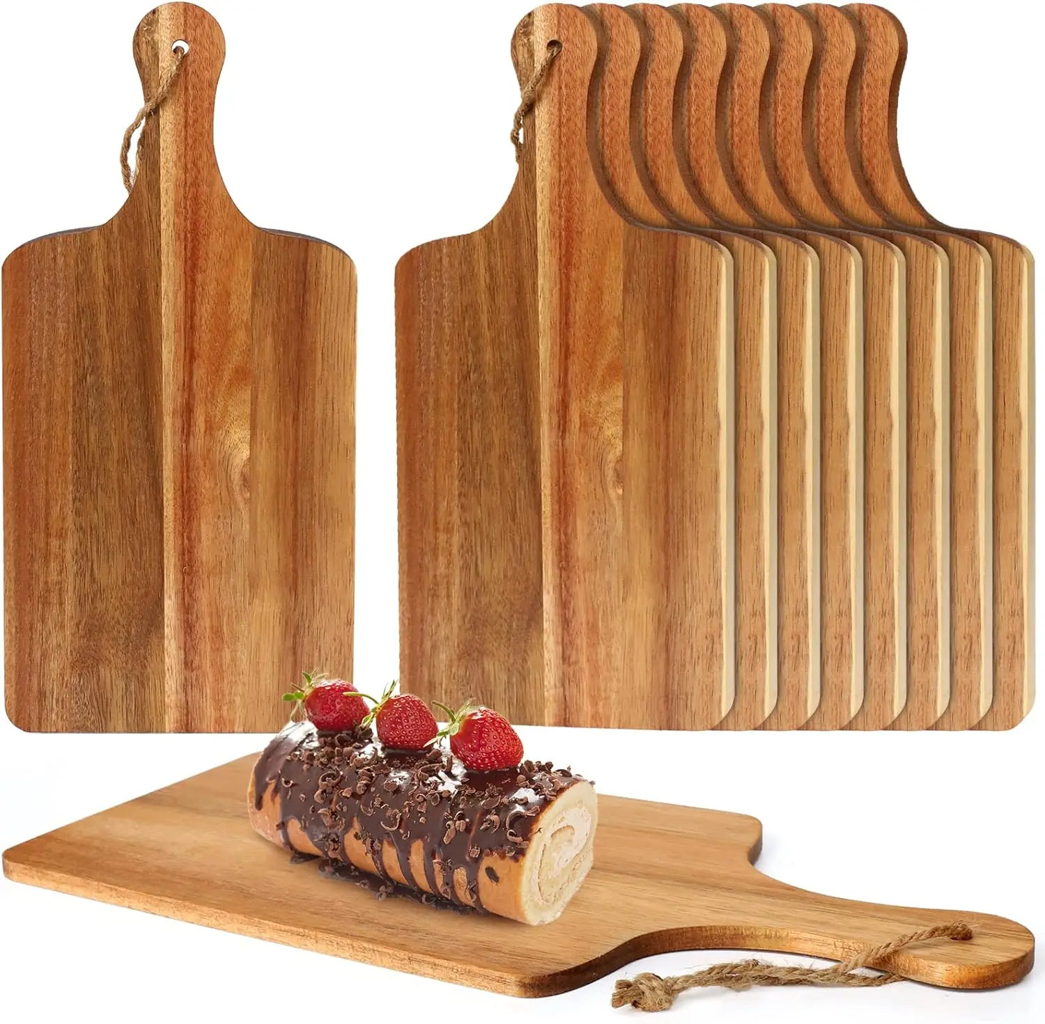 10 Packs Acacia Wood Cutting Board, 15x7 Inch Plain Chopping Board with Handles for Kitchen Bulk Use