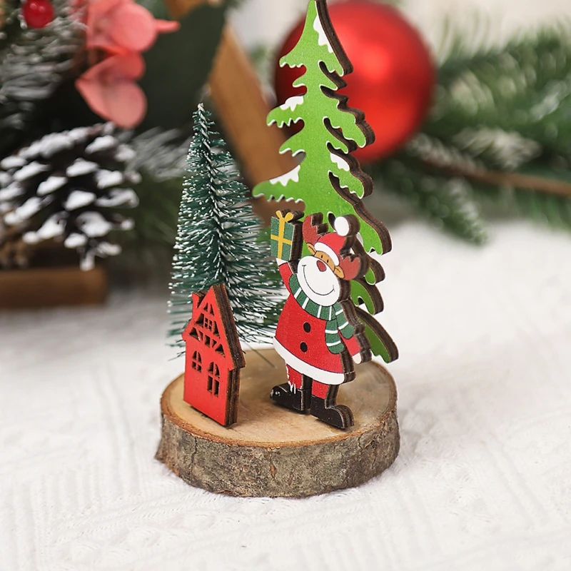 Wooden Christmas Tree Desktop Ornament Cartoon Snowman Holiday Decorations Elk Tabletop Decoration for Home New Years Noel Gift