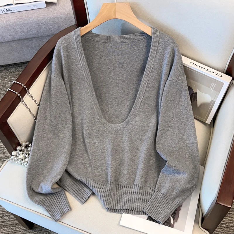 Loose Fit Knitted Jumper Deep O-Neck Wool Blend Sweater Solid Color Gray Knitwear Pullovers Tops Autumn/Winter Woman Clothing