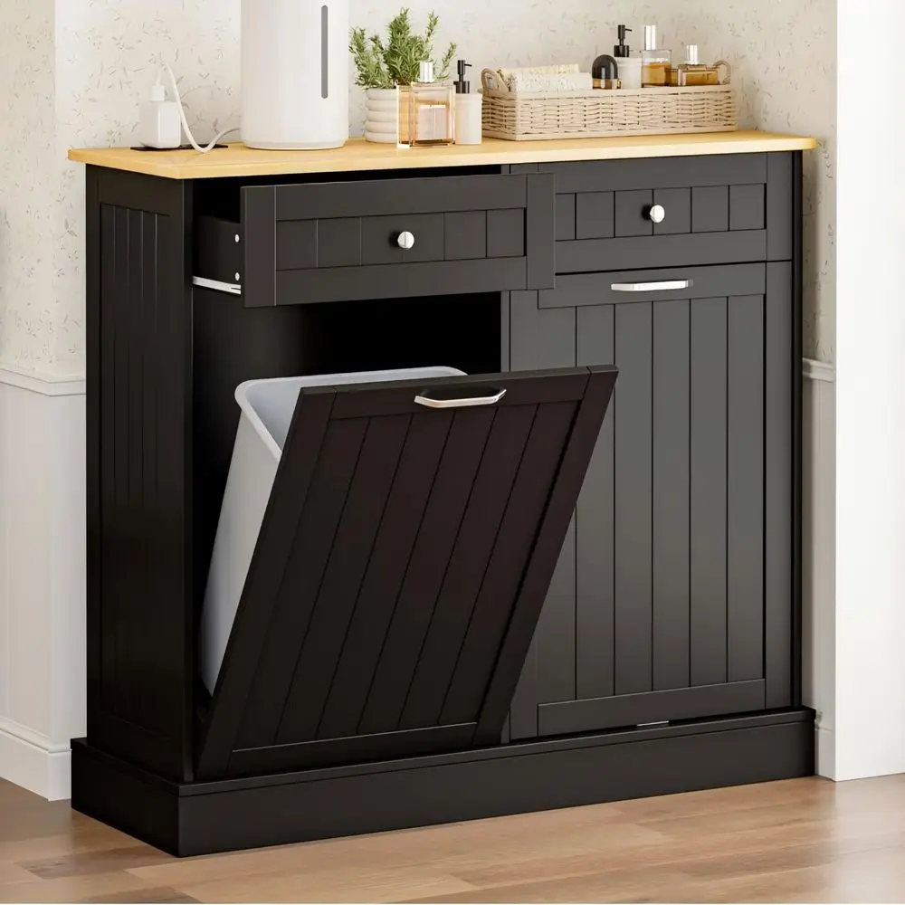 

20 Gallon Wooden Double Tilt Trash Cabinet with Charging Station and Recycler Outlet in Black