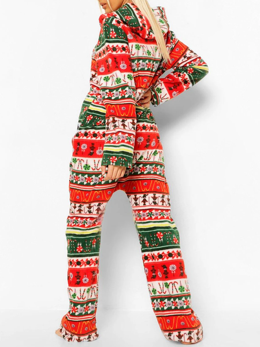 Women s Christmas Pajamas Romper Long Sleeve Zip Up Hooded Jumpsuit Sleepwear Print Nightwear