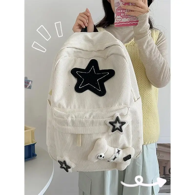 Mochila de veludo para meninas, bolsa escolar estrela Y2K de alta capacidade, bolsa de viagem fofa, mochilas ósseas, moda coreana, casual, inverno