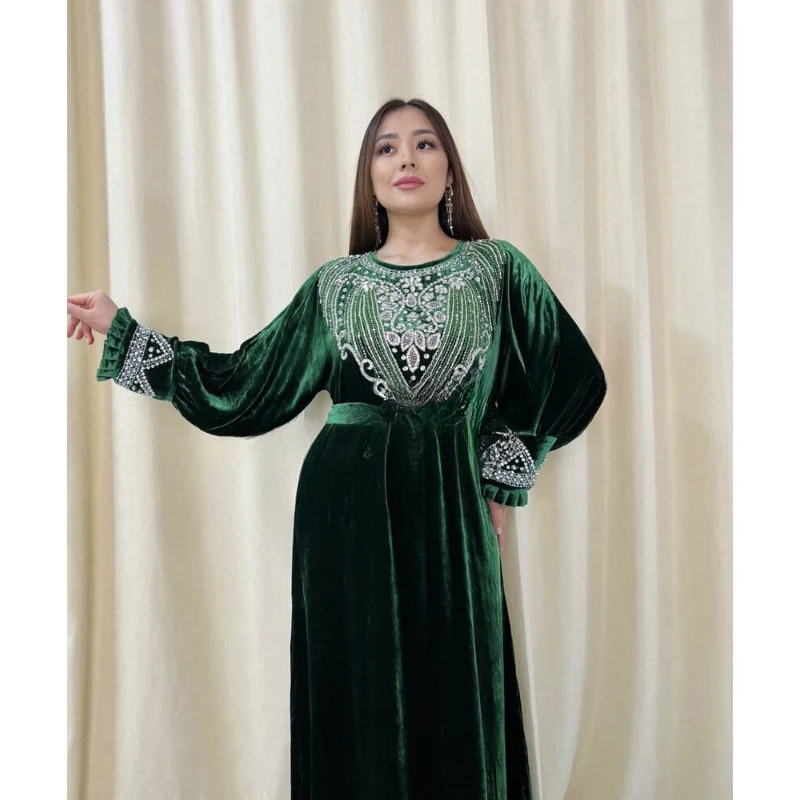 Sale Luxury Green Velvet Bedded Crystal Work Moroccan Kaftan Wedding Dress