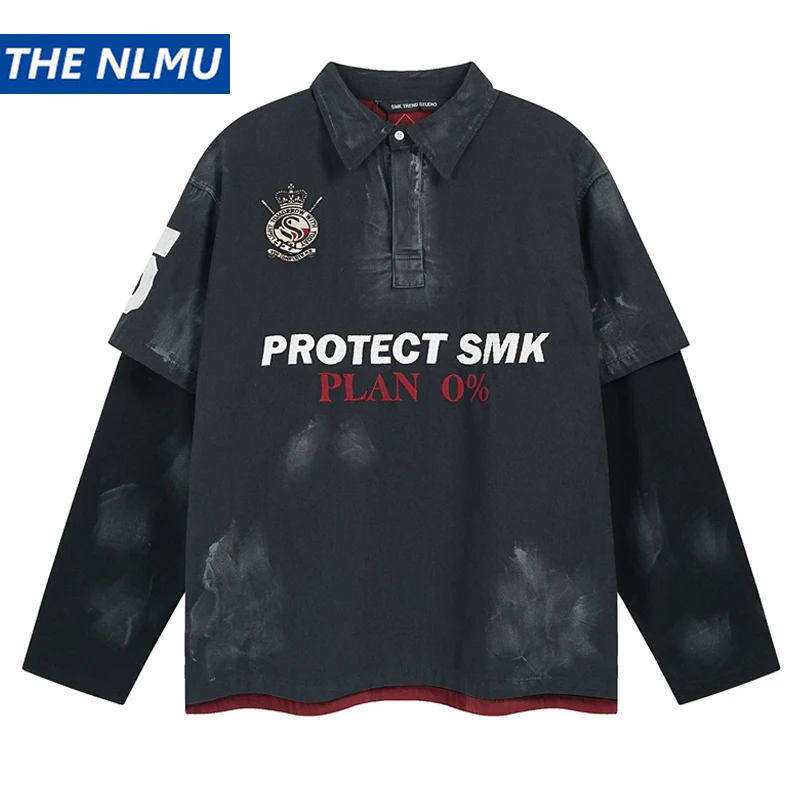 

Новинка 2025 года, винтажная двухсекционная толстовка-поло с длинными рукавами и вышивкой букв, уличная одежда, пуловер унисекс, топ большого размера