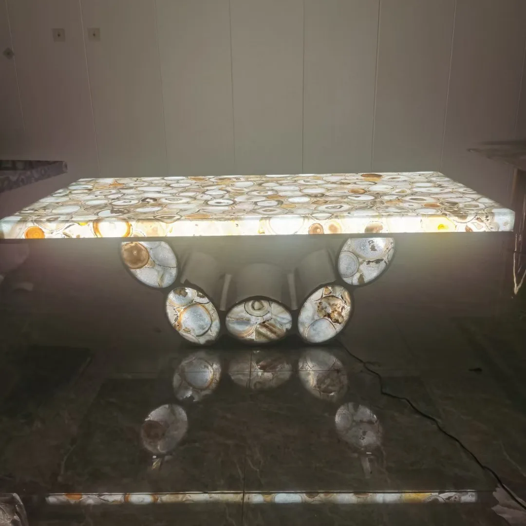 Natural agate crystal malachite cloisonne blue gold semi-precious stone dining table bar table coffee table translucent stone