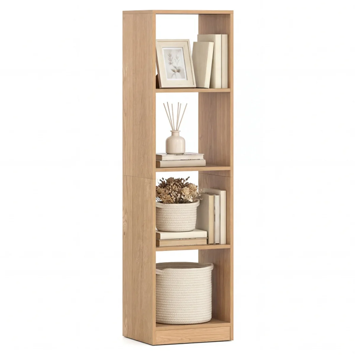 Space-Saving Narrow 5-Tier Bookcase, 4-Cube Open Storage Shelf for Living Room Study-Space-Saving Narrow -Natural