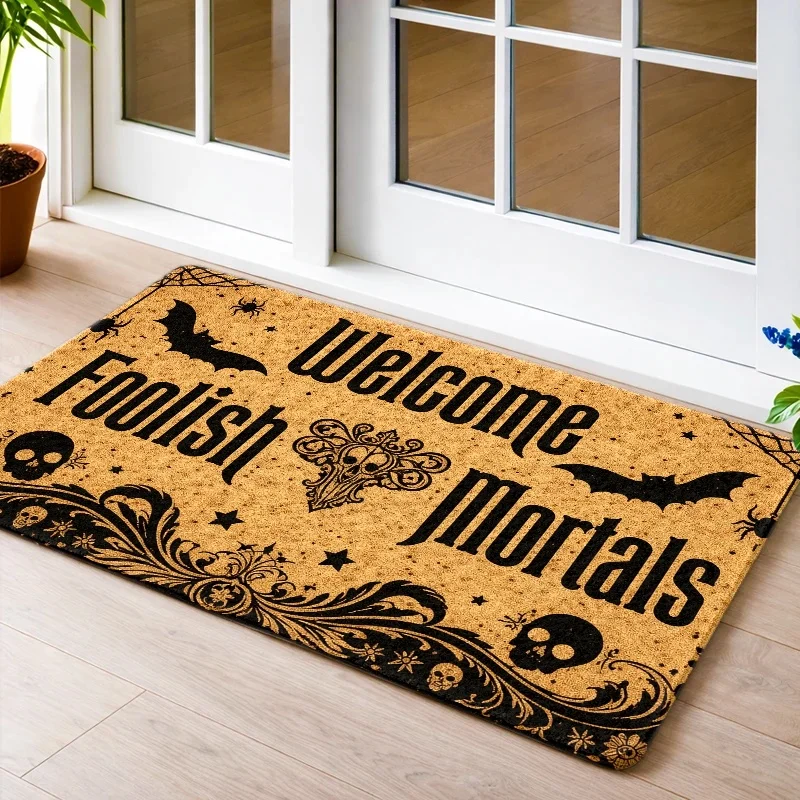 Welcome Foolish Mortals Halloween Area Rug Non Slip Washable Floor Mat For Entryway Living Room Home Decor