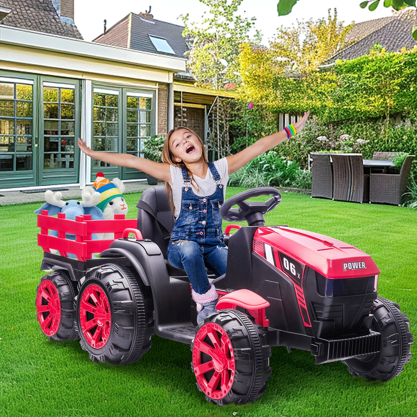 Kids Ride On Tractor with Trailer, 12V Battery Powered Electric Car Vehicle Toys with Dual Motors, Remote Control for Boys Girls