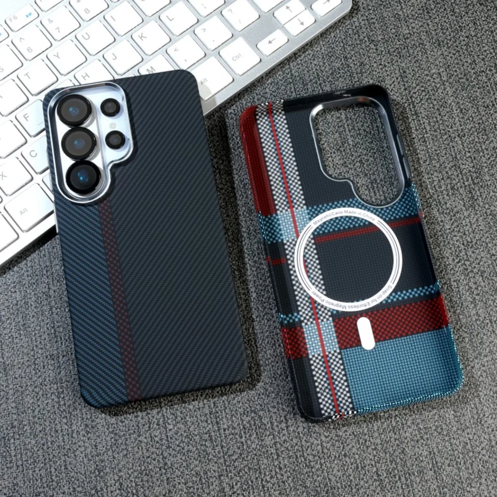 Built-in Magnetic Carbon Fiber Texture Plastic Case For Samsung Galaxy S26 S25 S24 Ultra For Magsafe Alloy Lens Shockproof Cover