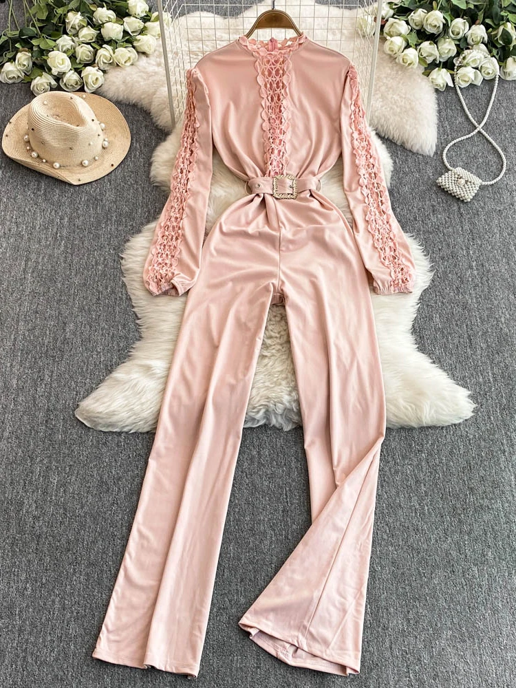 

Faionable OL Winter Suit High Waist Belted Wide Leg Jumpsuit Women's Clothing Commute Sle Lace Splice Long Pants