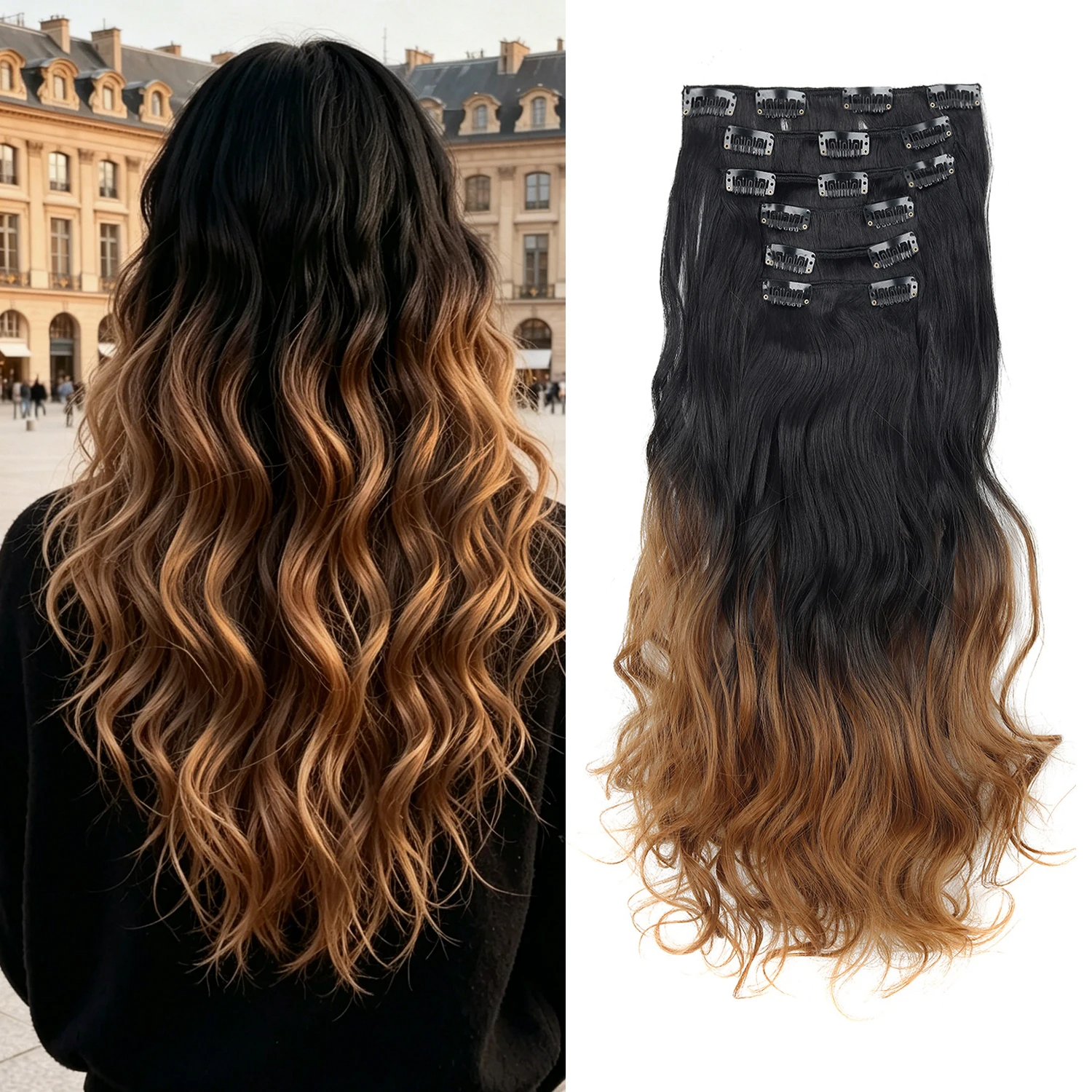 20 Zoll 6-teilige Clip-in Extensions Synthetische Haarteile Lange Lockige Wellige Haarverlängerungen Ombre Clip-Ins Synthetische Haarverlängerungen
