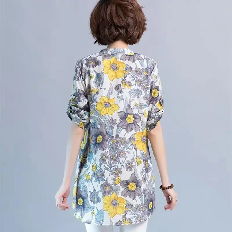 オフィスカジュアル V ネックボタンミディブラウス韓国ルース春夏スタイリッシュな花柄プリント女性服 3/4 スリーブシャツ JJ96