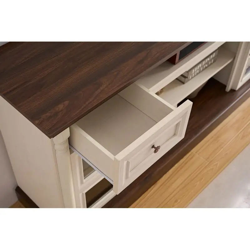 Meja TV Gaya Rumah Pertanian dengan Desain Kolom Romawi, Muat TV hingga 80 inci, Pusat Hiburan Modern 70 inci dengan Lampu LED