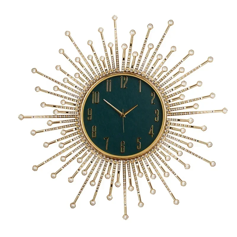 Modern Creative Sun Shaped Metal Wall Hanging Diamond Mixed Pearl Art Wall Living Room Decoration Clock