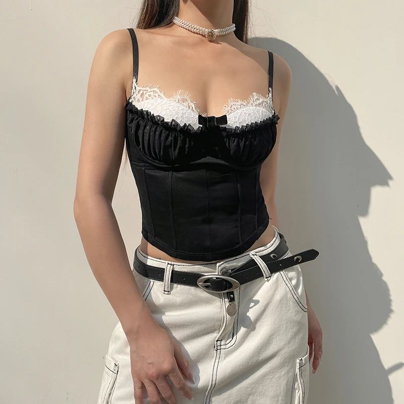 Darlingaga Chic Fashion Strap Lace Patched Frill Y2K Top Camisole Stitched Ruffles Bow Summer Cropped Bustier Top Contrast Color