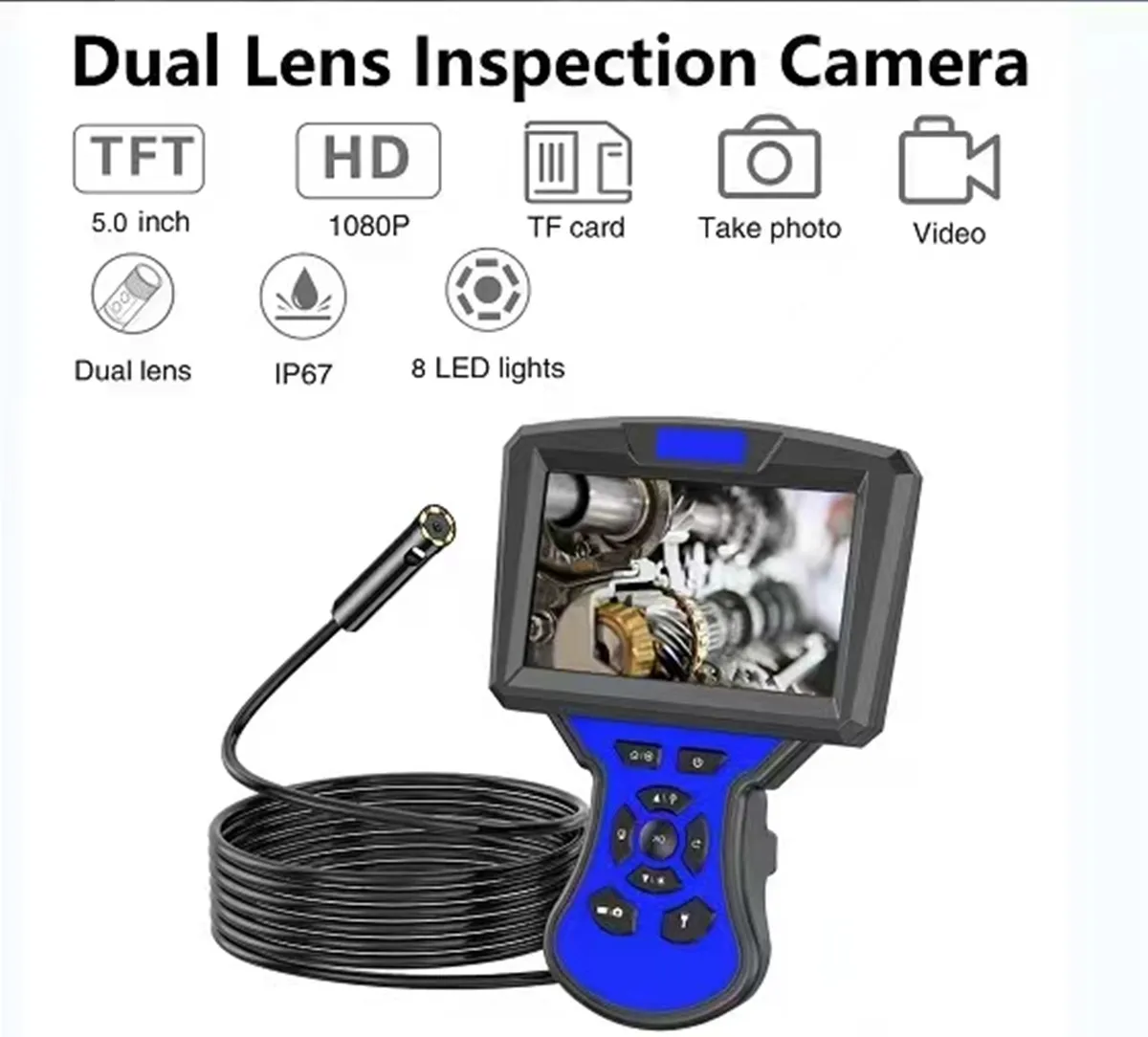 

5Inch Screen 2MP 1080P Dual Lens Double Camera Industrial Endoscope CMOS Borescope Side-View&Front View Inspection Microscope