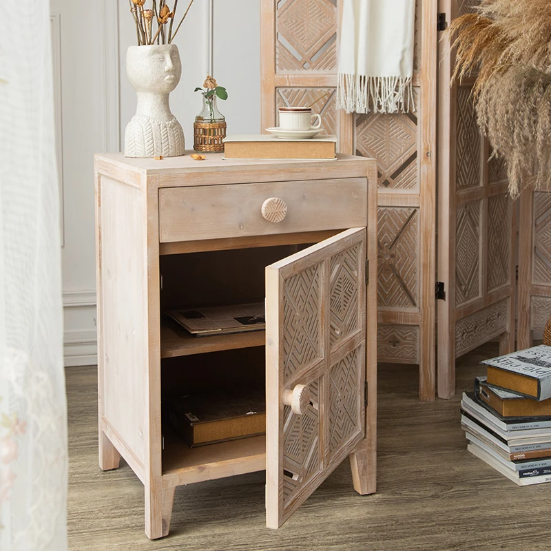 

Резной прикроватный столик в стиле ретро для спальни Деревянный Цветной шкаф для хранения с выдвижным ящиком B & B