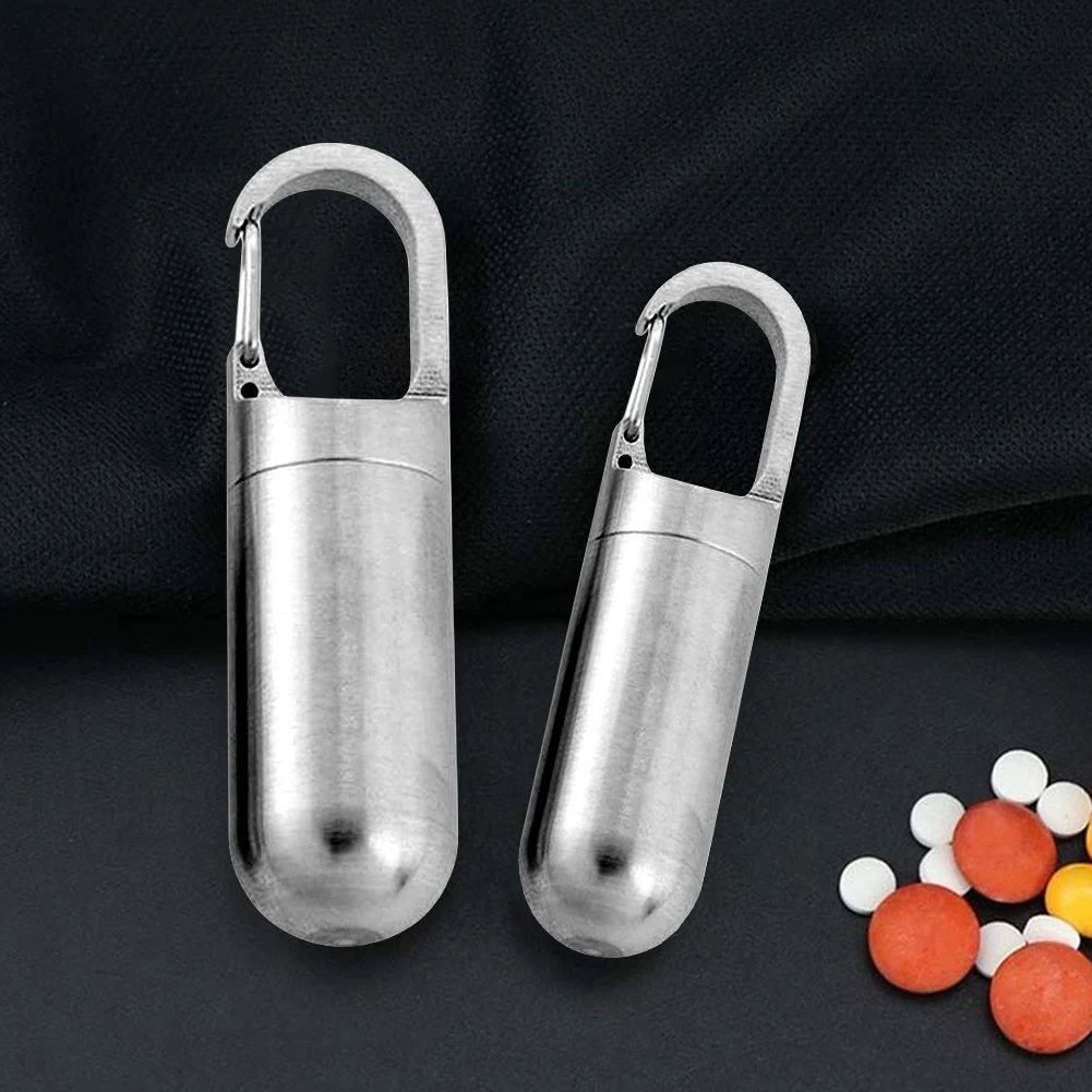 Portable Capsule Travel Box Stainless Steel Mini Elderly Carry-on First Aid Pill Box Keychain for Camping Hiking Climbing