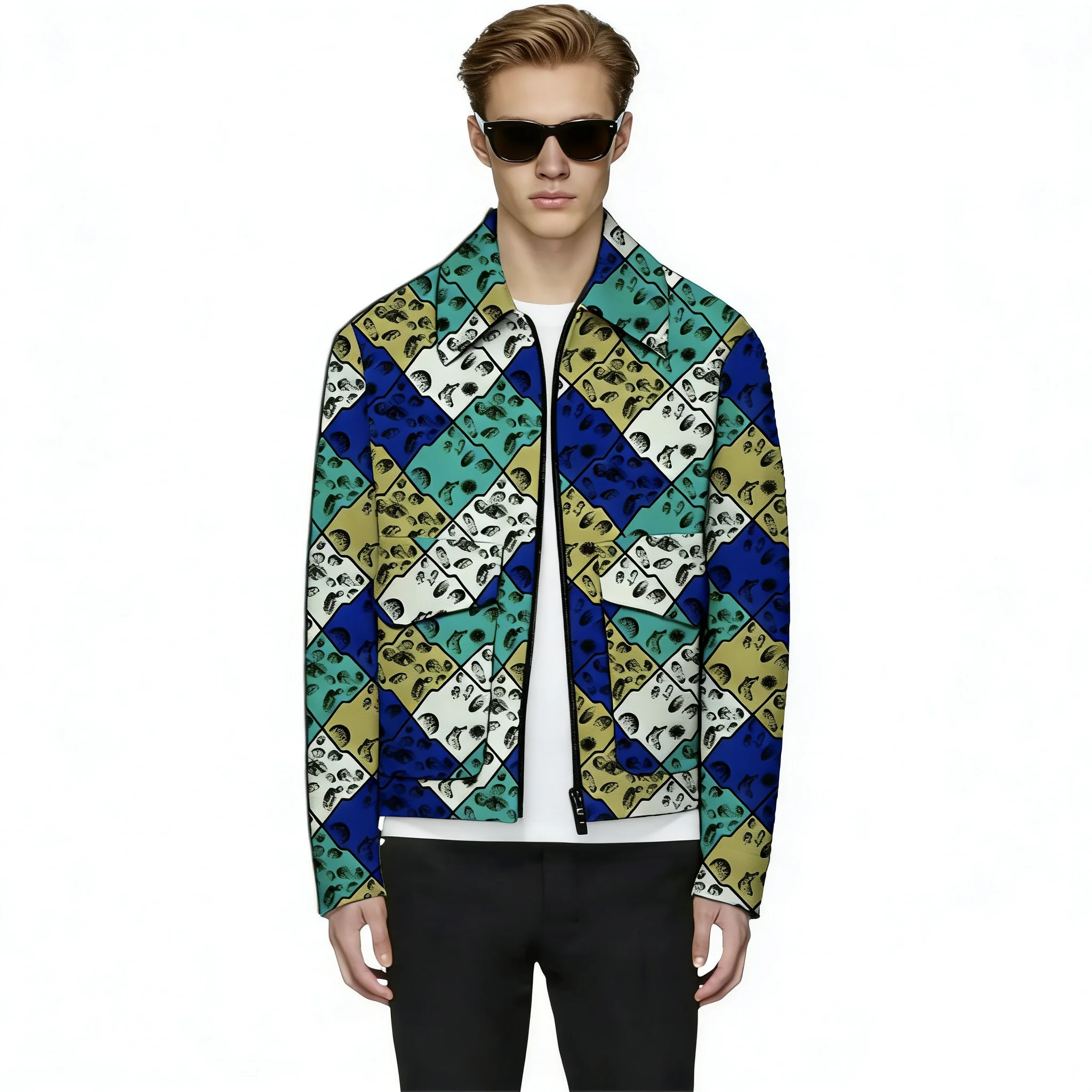 

Men's Bomber Jacket Vintage Print Double Pockets African Couture Turn Down Collar Short Coat Male Ankara Outfit Tailored
