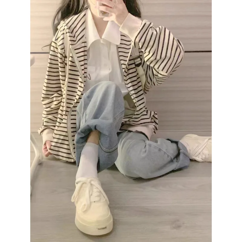 QICHE New Spring Autumn Women Hooded Zip Jacket Striped Pattern Loose Long Sleeve Casual Versatile Outer Top