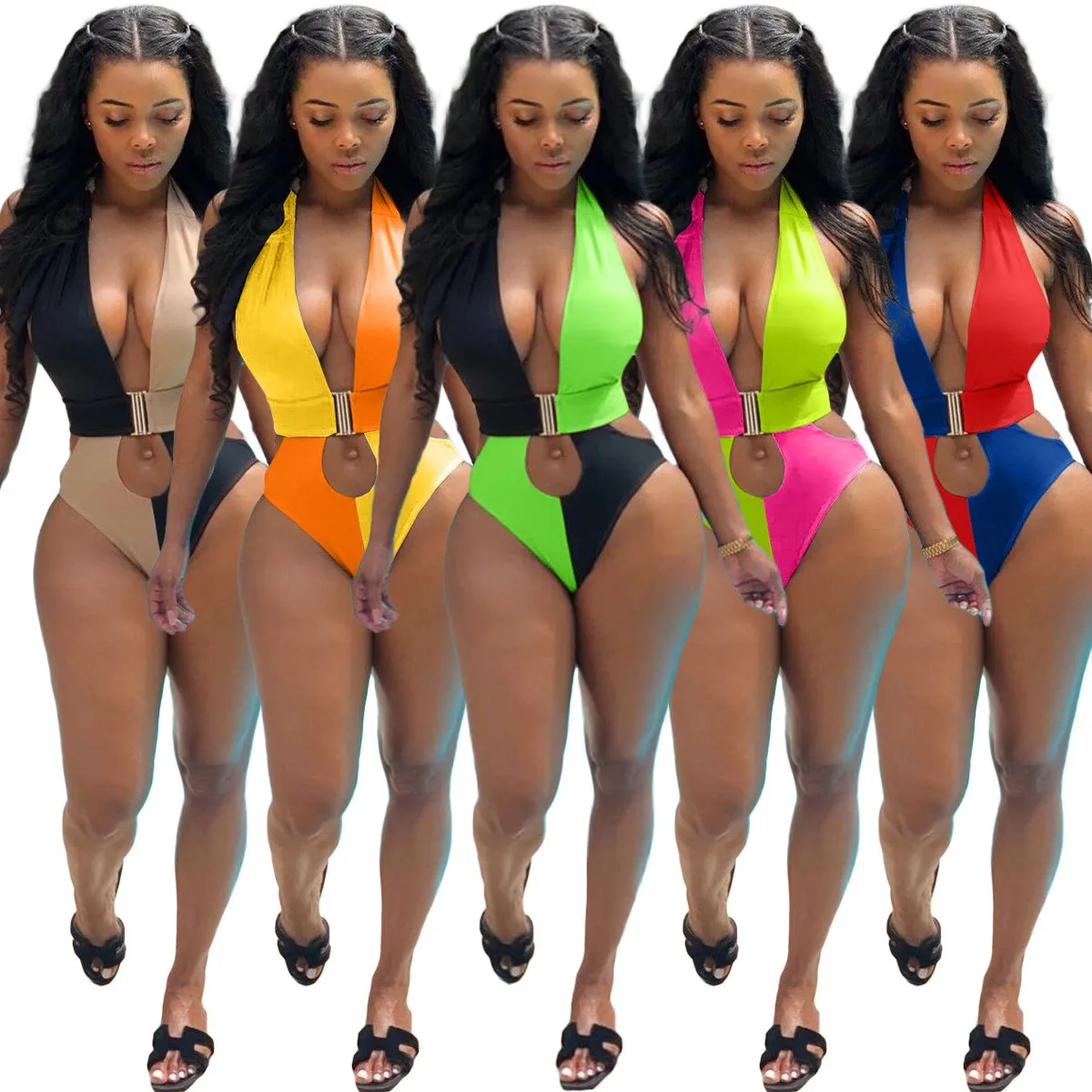 Y5128 Summer Women's Sexy Backless Patchwork Solid Color One-Piece Swimsuit