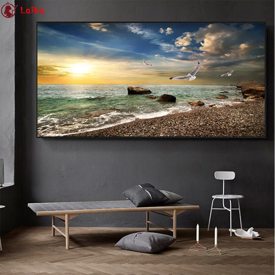 DIY Diamond Painting, Natural Scenery, Sea Sunrise, Flying Birds, Embroidery, 5D Mosaic Diamond, Needlework Cross Stitch