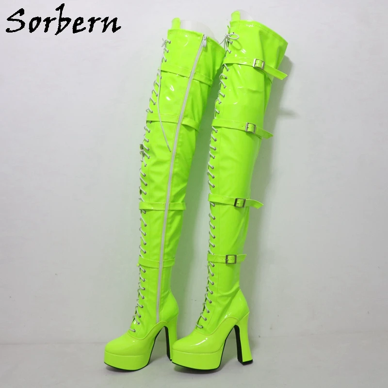 Sorbern Neon Crotch Thigh Boot Unisex Fetish Chunky 12Cm Spool Heel Platform Lace Up Goth Punk Drag Queen Boot Multi Color