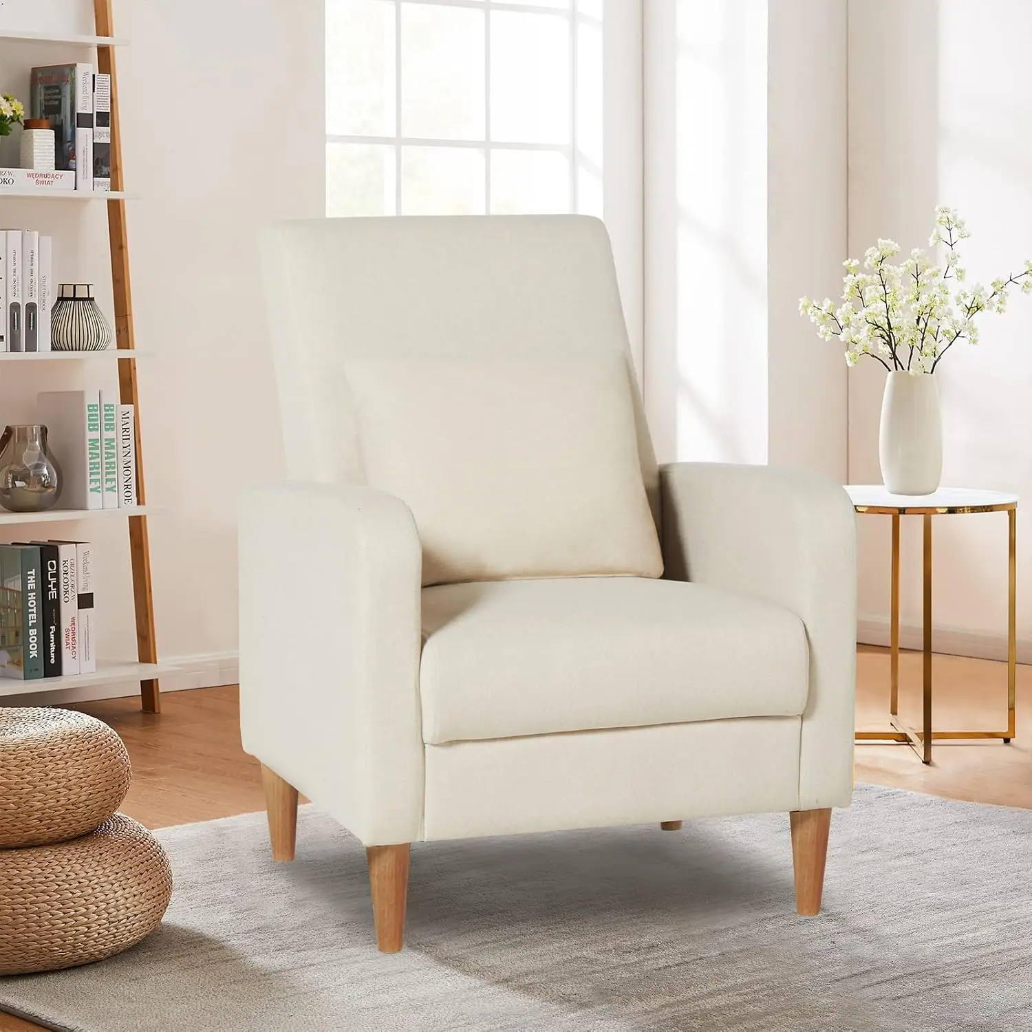 Modern Upholstered Accent Chair Armchair with Pillow,Single Sofa with Lounge Seat and Wood Legs, Beige