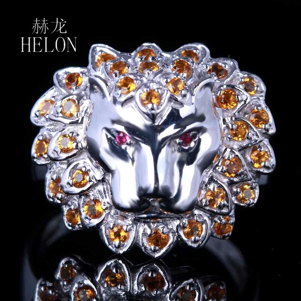 HELON Sterling Silver 925 0.6ct Round Genuine Rubies Citrine Gemstone Ring Women Men Classic Trendy Jewelry 3D Lion Head