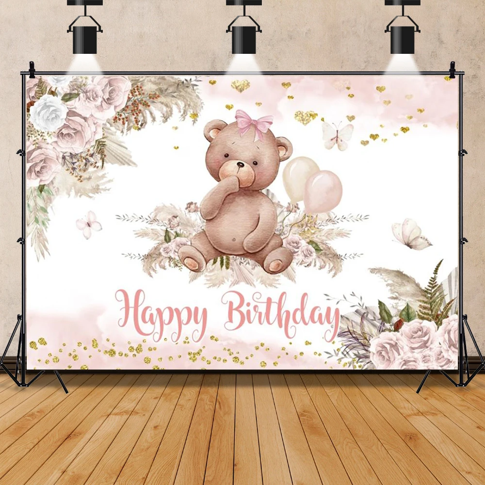 Toile de fond de douche de bébé ours en peluche pour la photographie, couronne d\'or, décor de fête de 1er anniversaire, arrière-plan personnalisé,