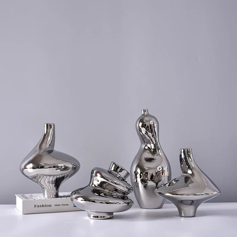 Abstract Irregular Silver Electroplated Ceramic Vase Minimalist Dried Flower Vase Living Room Tabletop Home Decor Ornament