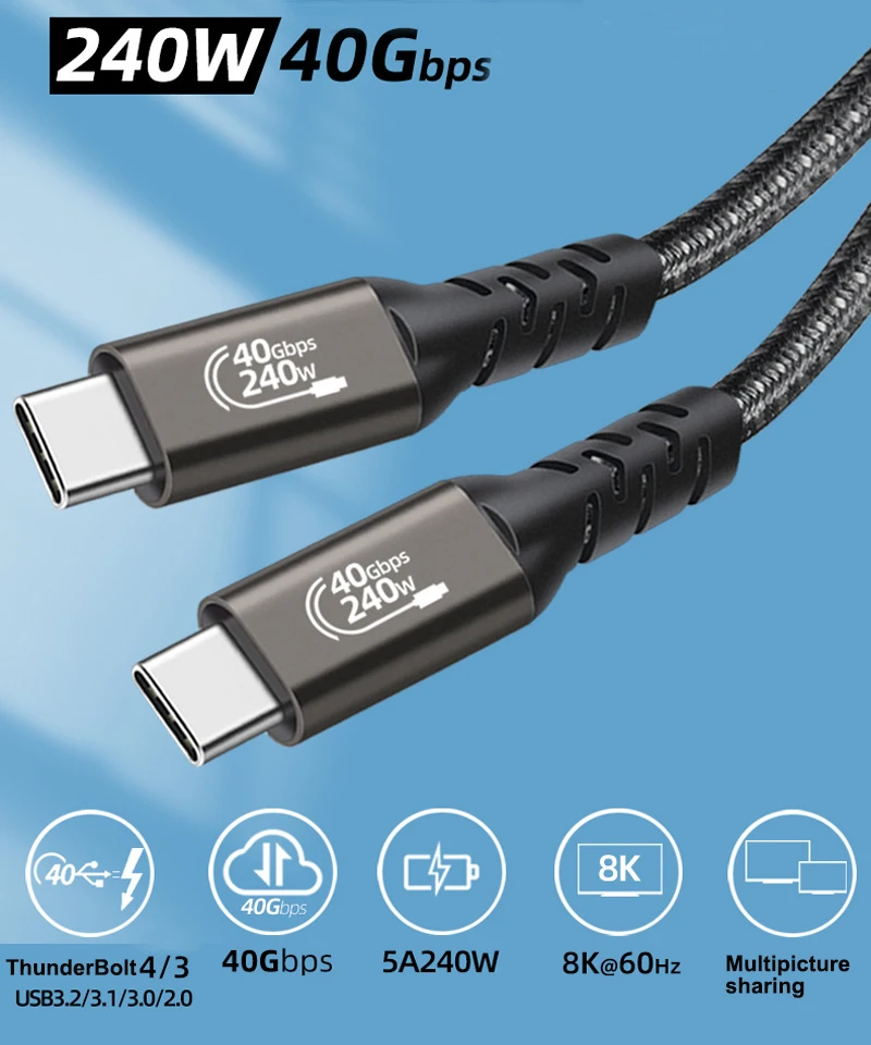 USB4 Cable 40Gbps 240W For Macbook Pro Thunderbolt 4/3 Type C Fast Charging Cable USB C to C Data Transfer M.2 SSD Cable 8K