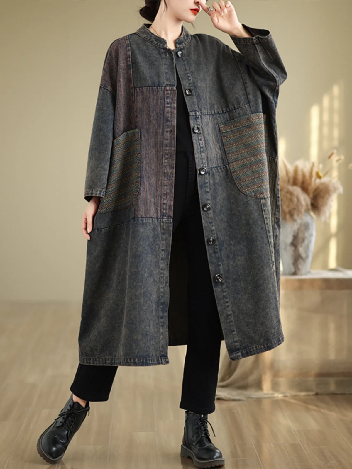 

SuperAen 2024 Autumn Retro Washed Windbreaker Women's Cardigan Long Sleeve Long Coat