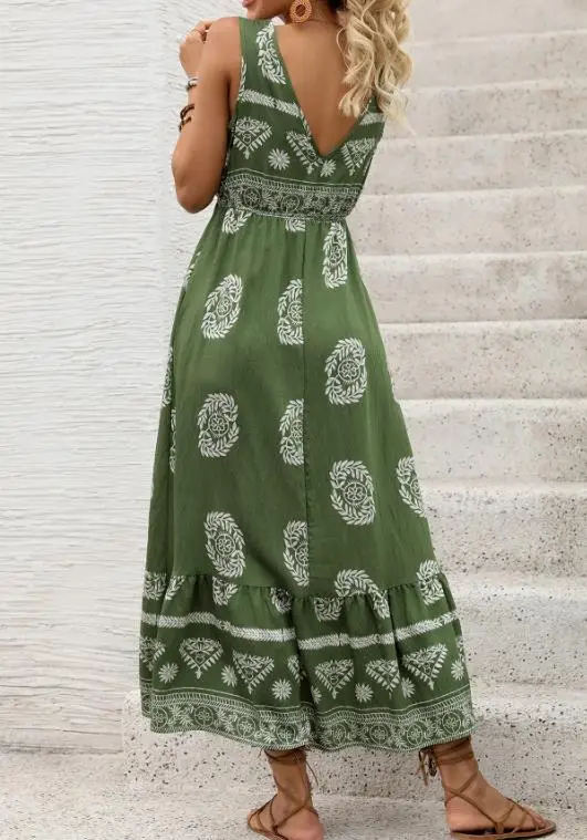 

2026 Sleeveless Ethnic Style Printed Dress Vacation Shoulder Strap Skirt New Fashionable Summer Casual Women's Clothing