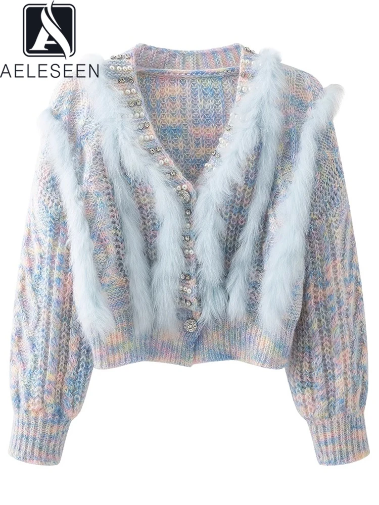 AELESEEN Runway Fashion Autumn Winter Sweater Women Sweety V-Neck Feathers Luxury Diamonds Beading Elegant Party Cardigan