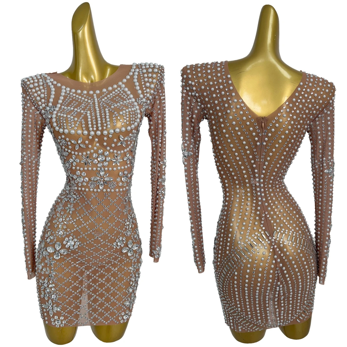 

High-end Brown Mesh Long Sleeves Bandage Dress Sparkly Crystals Pearls Cocktail Dress Prom Sexy Women Short Dress Wanggezhenzhu