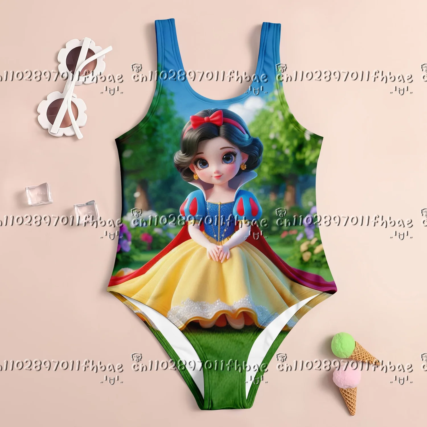 

25-26 Новый Белоснежный 3d принт Летний цельный купальник для девочек Модный женский купальник с героями мультфильмов без рукавов Пляжная одежда принцессы