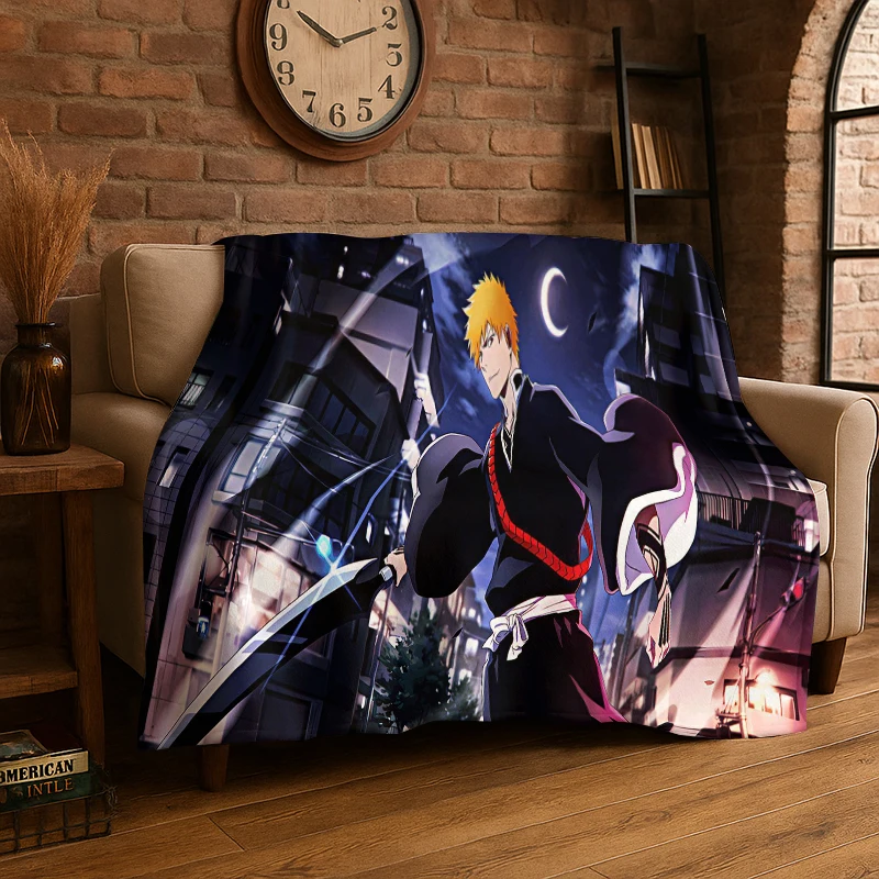 Retro Bleach Anime Kurosaki Ichigo Cartoon Flannel Blanket Soft Warm Throw Blanket for Bedroom Living Room Bed Travel Picnic