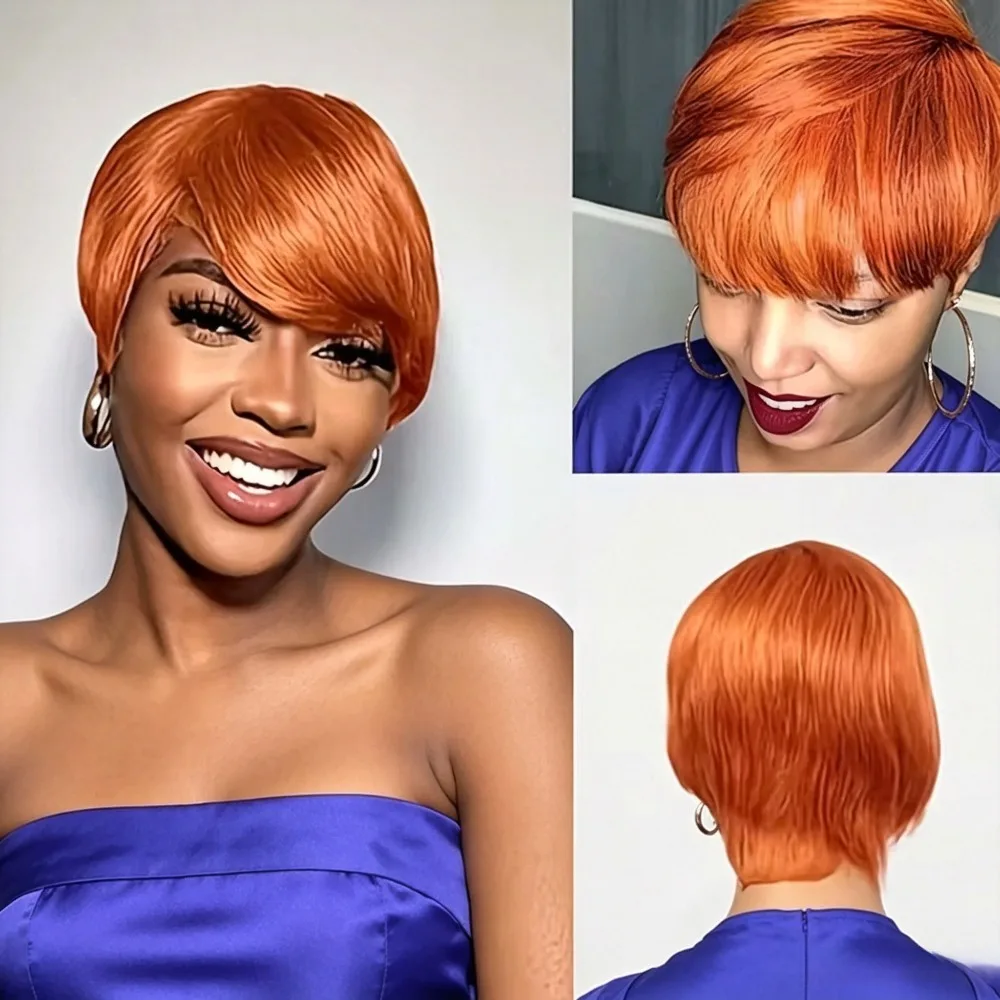 Full Machine Made Short Pixie Cut Human Hair Wigs #350 Ginger Orange Straight Layered Style With Bangs 100% Natural Realistic Ha