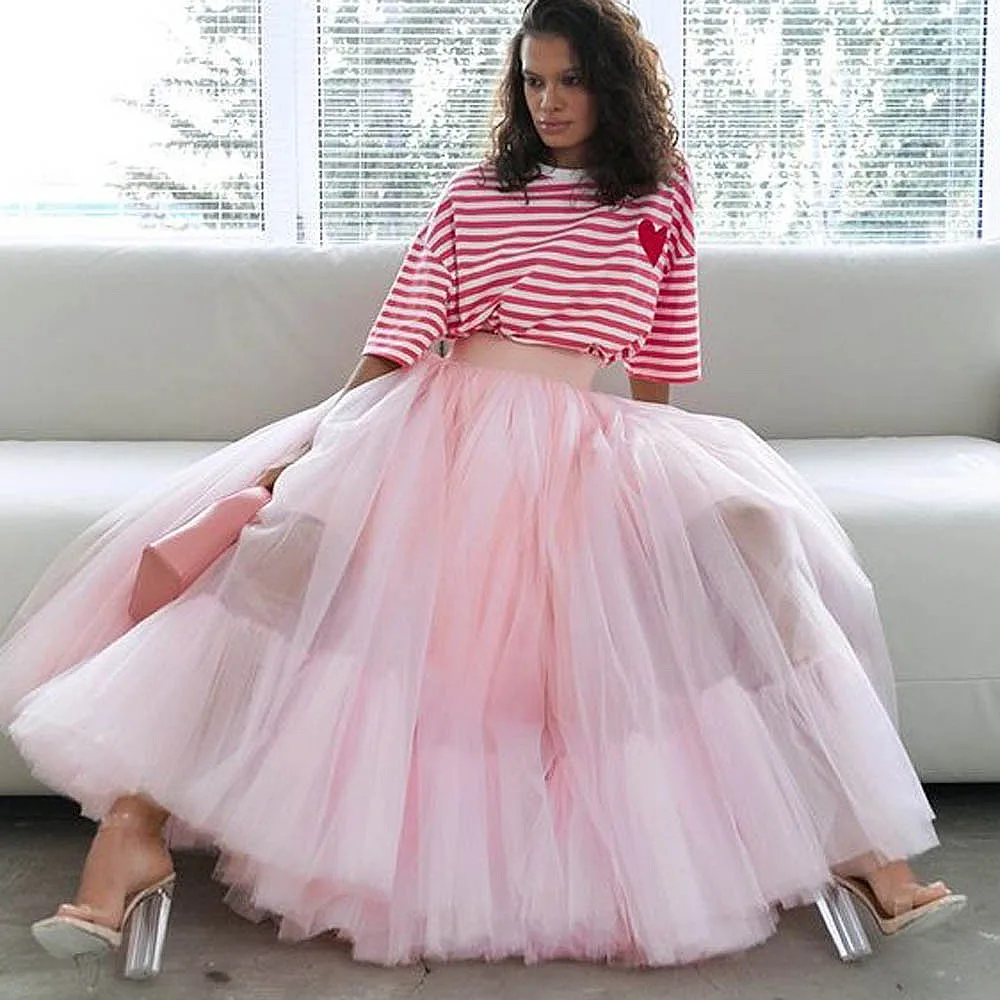 Chic Blush Pink Tulle Skirts Puffy High Waist Yong Girls Women Birthday Party Skirt Women Formal Long Maxi Skirt