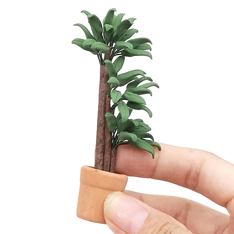 1:12 Dollhouse Miniature Potted Tree Plant Green Leafed Bonsai Model For Doll House Garden Decoration Accessories Kids Toys