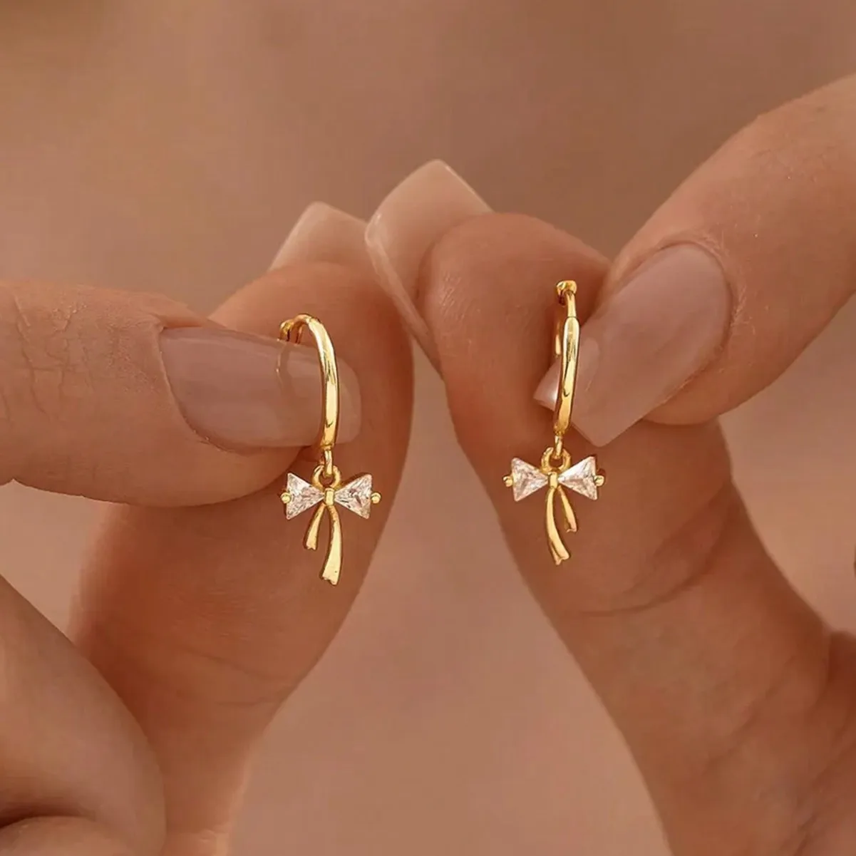 

Gold Plated Bowknot CZ Hoop Earrings, Dainty Crystal Bow Drop Huggie Earrings for Women