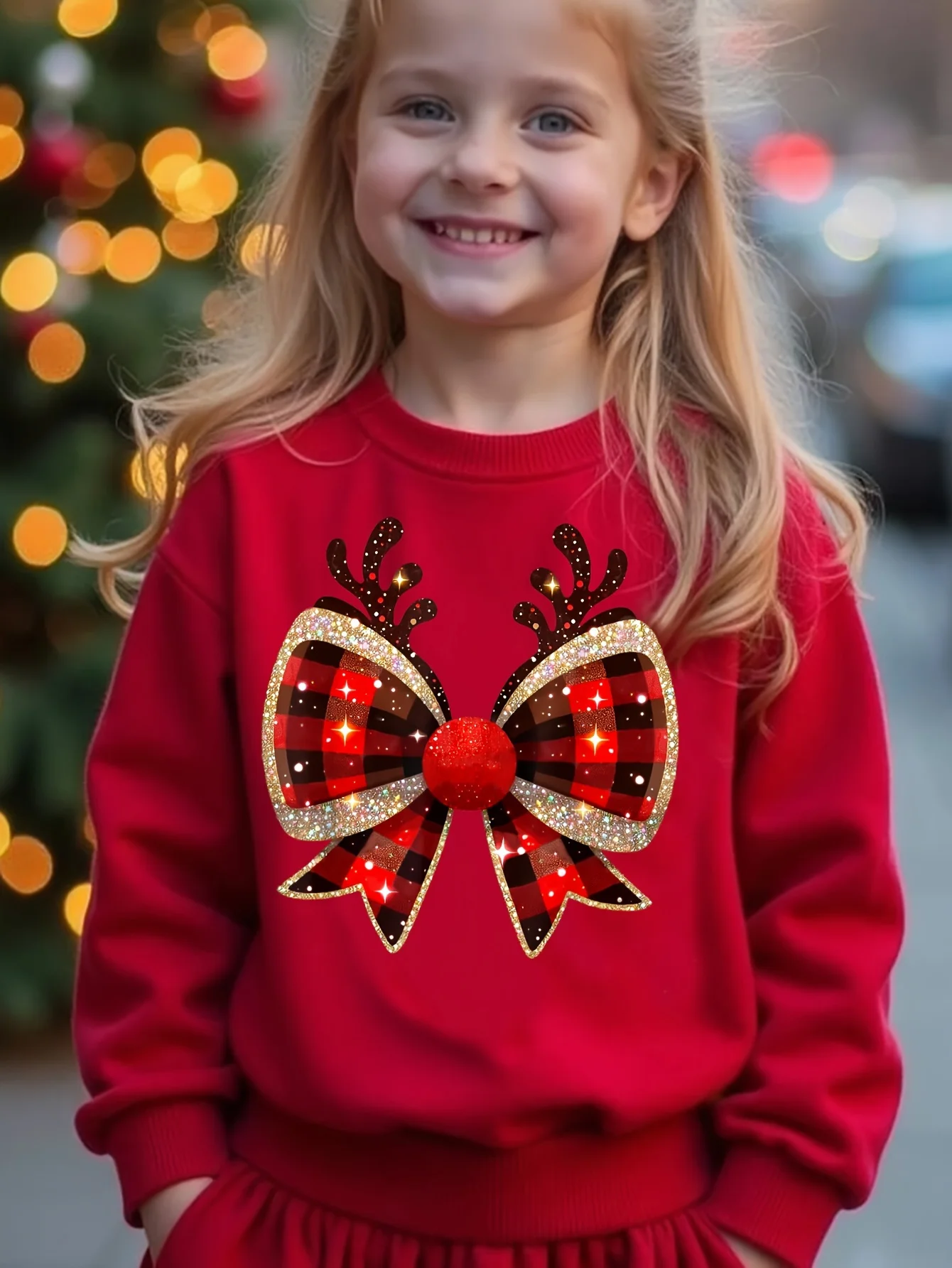 

Festive Reindeer Bow Graphic Sweatshirts Coquette Bow Girls New Fashion Christmas Sweatshirt Xmas Party Long Sleeve Pullover