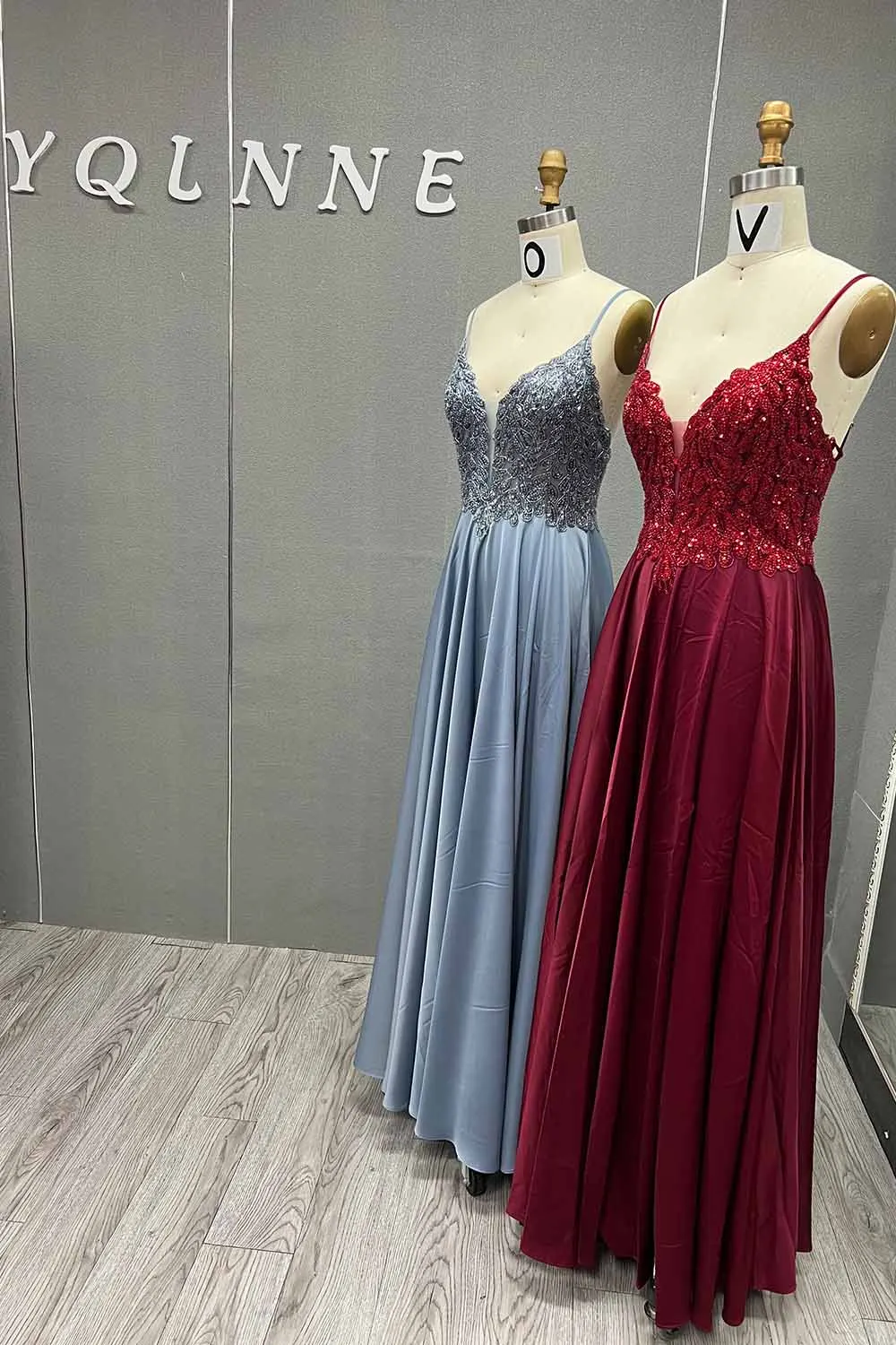 YQLNNE 2024 Wine Red Silk Satin Long Prom Dresses Spaghetti Beading Embroidered Formal Party Gown With Slit